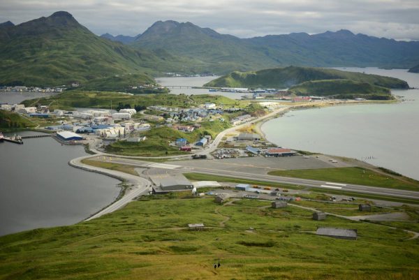 The community, runway and harbors of Unalaska from Mount Ballyhoo.