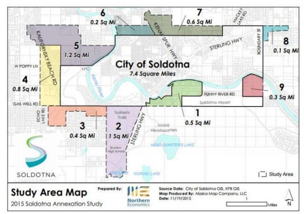 A map showing parcels in different colors jutting out from a central area labelled as the city of soldotna