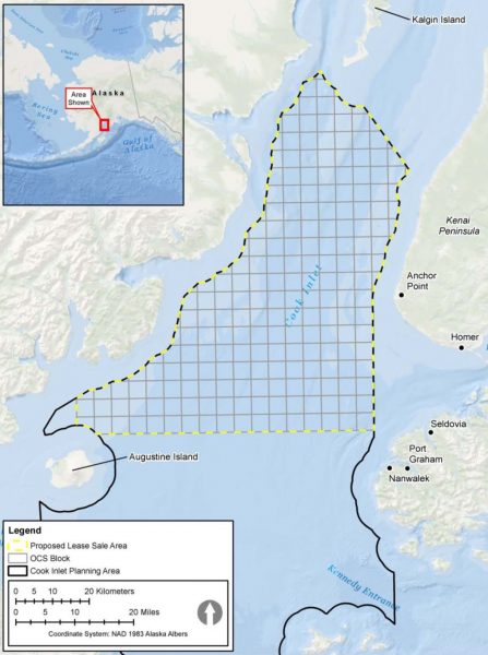 A map of Alaska's Cook Inlet outlines the 1 million acres in the northern part of the waters where a proposed federal oil and gas lease sale could occur.