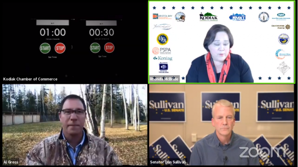 A screengrab of a virtual debate. The image shows a countdown timing senators' responses. Also pictured is Rhonda McBride, Dan Sullivan and Al Gross.