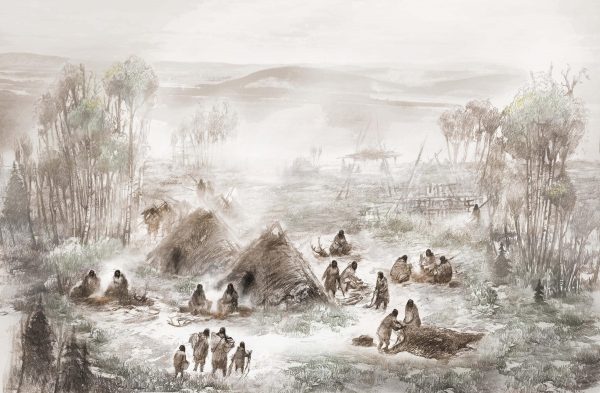 A painting of a group of people around sod huts 