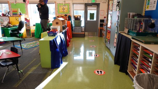 Kindergarten teacher Katie McDaniel’s classroom at Huffman Elementary School on Monday, Nov. 2, 2020. Stickers on the floor aim to help students stay farther apart while lining up to go outside.