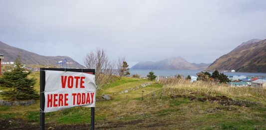 A sign in a grassy field reads "Vote here today."