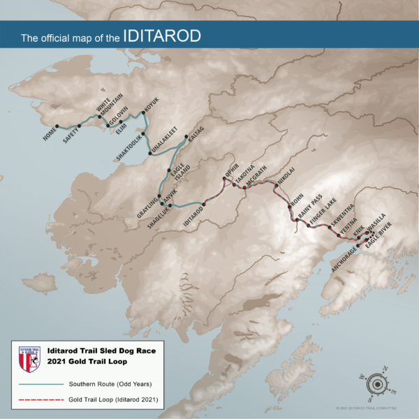 A map shows the new race route for the 2021 Iditarod Trail Sled Dog Race. A red line snakes from Anchroage to around Iditarod and back.