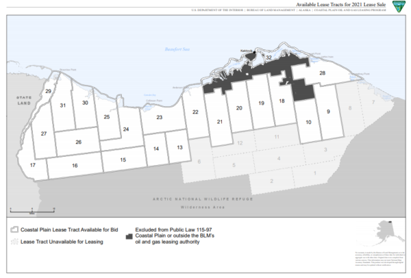 A map shows the Arctic National Wildlife Refuge coastal plain broken into numbered tracts, with some of them shaded gray in the southeast corner to show which pieces of land have been removed from the upcoming lease sale.