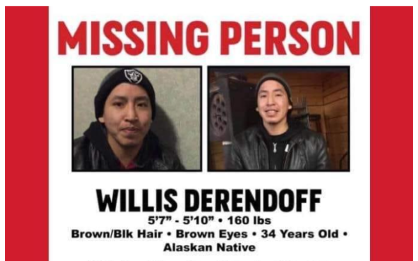 A flyer with a Missing Persons label and an image of an Alaska Native man