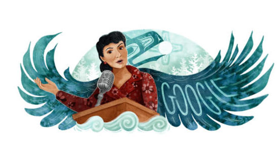 A drawing of a woman wearing red speaking at a podium with a stylized eagle behind her