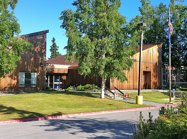 A brown wooden building in the woods