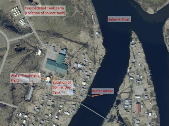 An aerial satellite image shows the location of a diesel fuel spill in the  Northwest Arctic village of Selawik. 