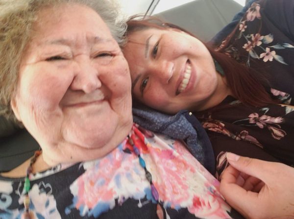 A selfie of two Alaska Native women, one older one younger