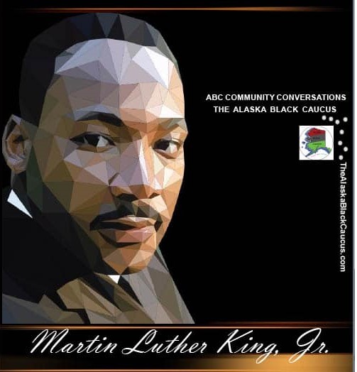 Graphic image of Dr. Martin Luther King Jr. on a black background as a flyer