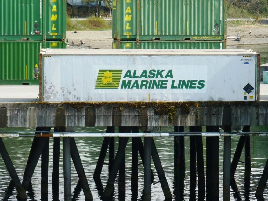A container with the logo for Alaska Marine Lines