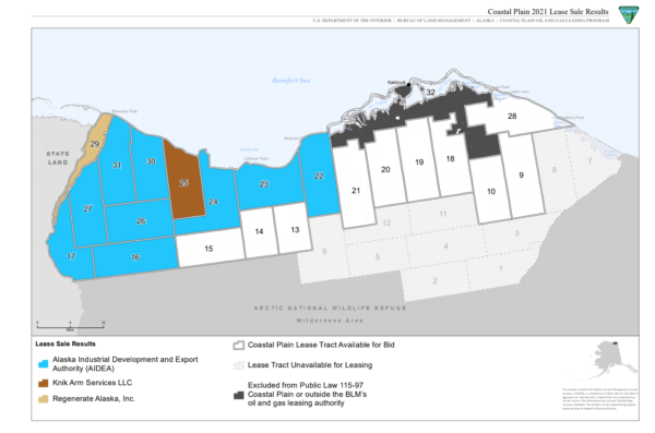 A map of northern Alaska is separated into tracts showing the different oil leases up for bid.