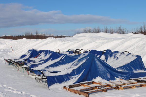 Sleds sit under a big blue tarp in the snow.