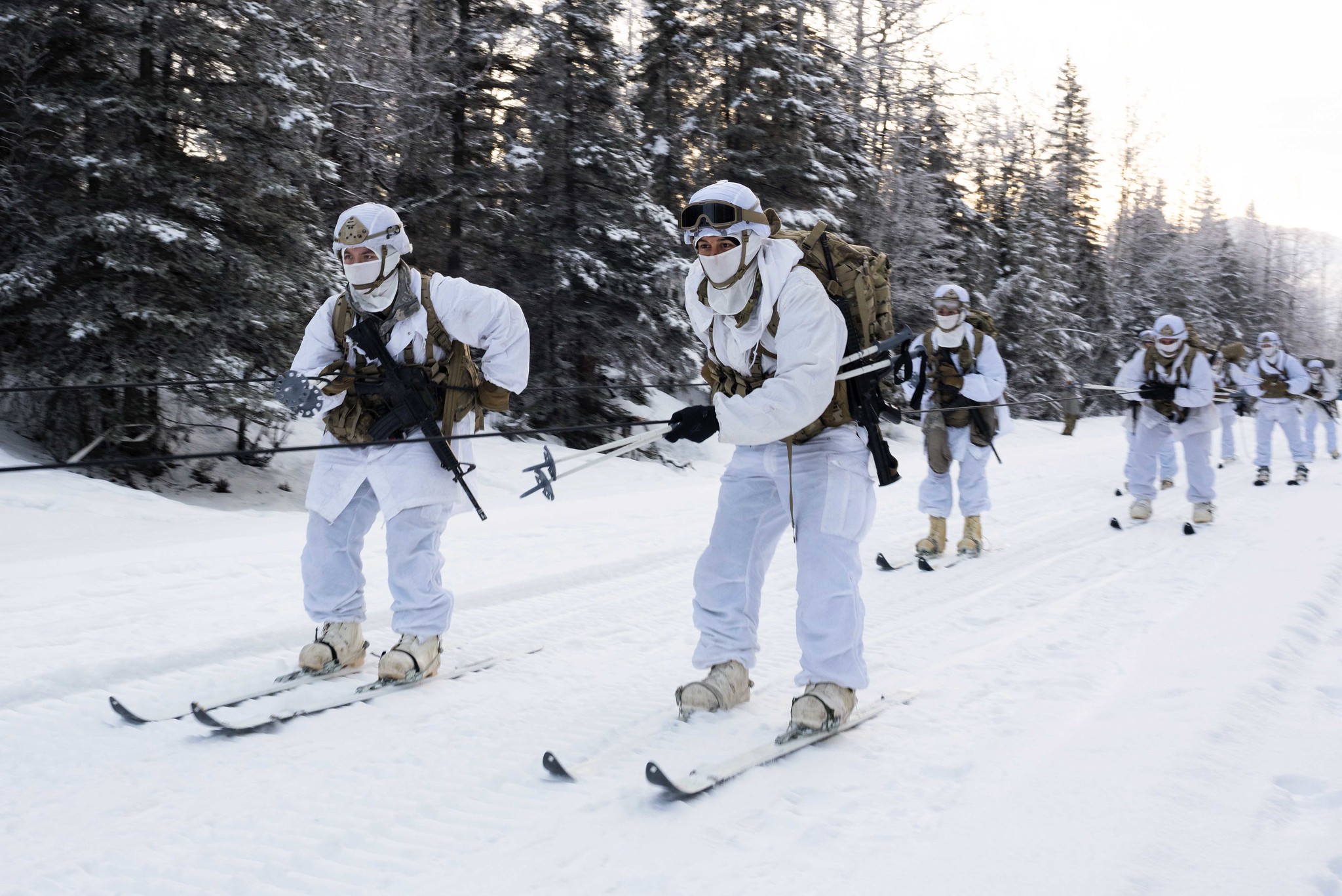 soldiers in white uniforms hold a tow rope. They are in bunny boots strapped to skis
