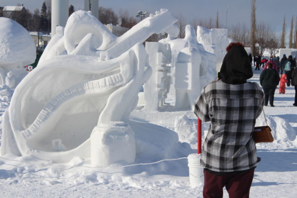 Aperson in a flannel shirt takes a photo of a snow scultprues on a sunny day