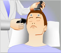 A person in a patient's chair gets some probes applied to their head