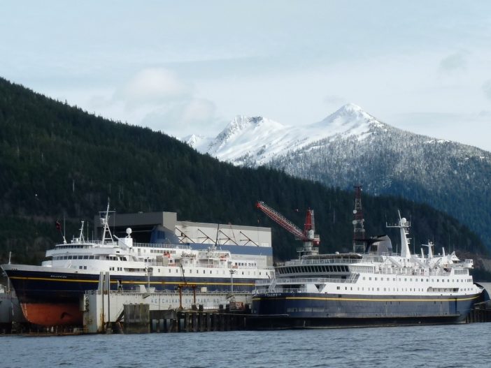 Three ferries dock at the Ketchikan Shipyard for repairs and upgrades in 2012. All 11 ships would tie up by early July if the Legislature does not reach a budget compromise. (Ed Schoenfeld/CoastAlaska News)