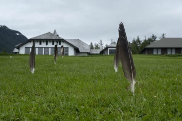Eagle feathers stuck in a law in front of a white building
