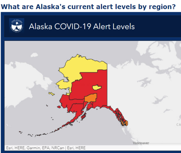 A map of Alaska shows most regions in red, for high alert.