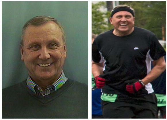 Two photos together, the left from a driver's license, of a white man with short gray hair facing the camera and smiling, the second is the same man in black running clothes, a headband and gloves jogging toward the camera.
