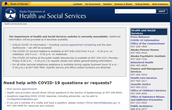 An image of a website that says "The Department of Health and Social Services website is currently unavailable."