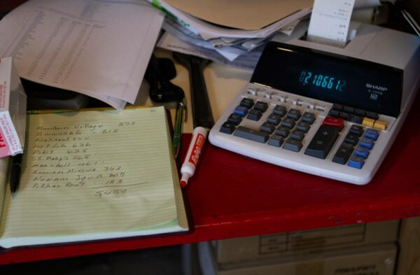 A calculator and yellow legal pad.