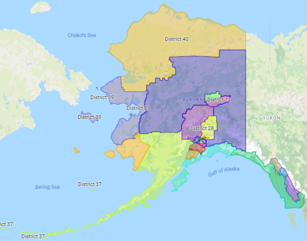 A map of Alaska is sectioned off in different colors.