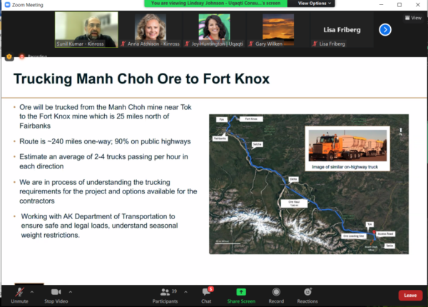 A screenshot of a Zoom meeting points about what it will look like to truck the ore dozens of miles.