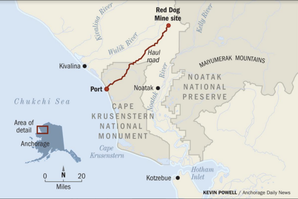 Map of Ambler, Red Dog Mine and Kivalina