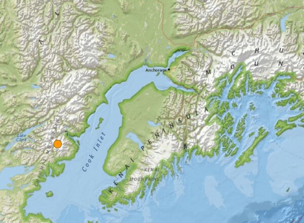 A map showing Southcentral alaska with an orange dot