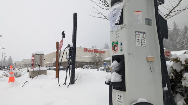 EV charging stations outside a Fred Meyer in the snow. A raven perches on a stop sign in the background.