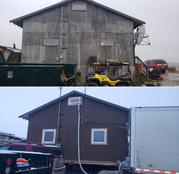 Two photos of the same house, one with weathered siding and one with brand new siding.