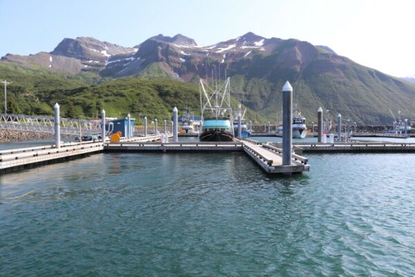 A small harbor with mountains in the background