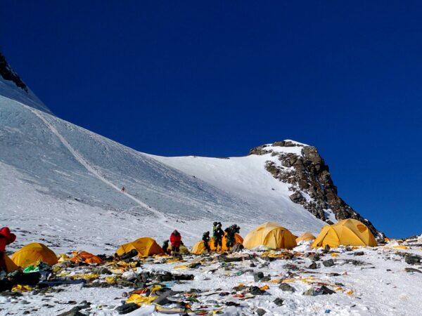 Yellow tents at a high mountaineering camp on Everest