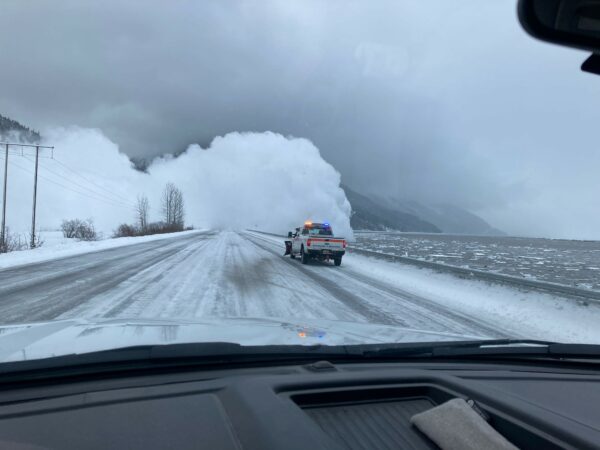 Billowing snow on a roadway