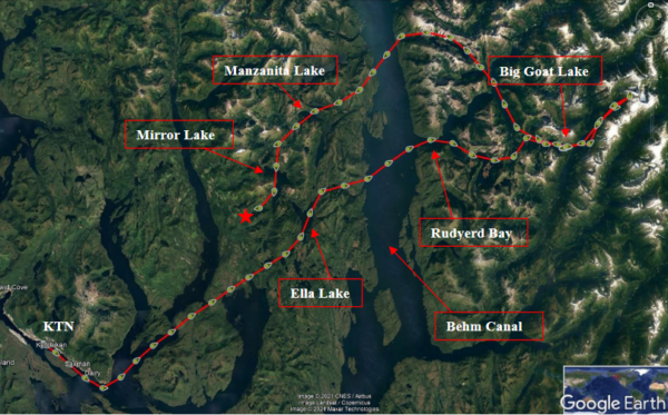 A map showing a flightseeing plane's path through Misty Fjords and the point where it crashed.
