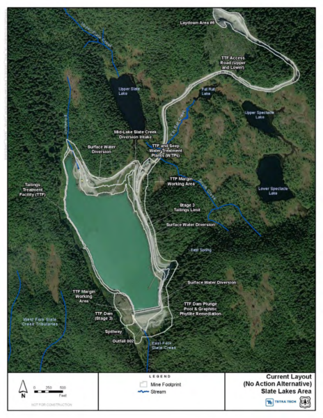 A map showing the mine's footprint and a lake used for tailings treatment.