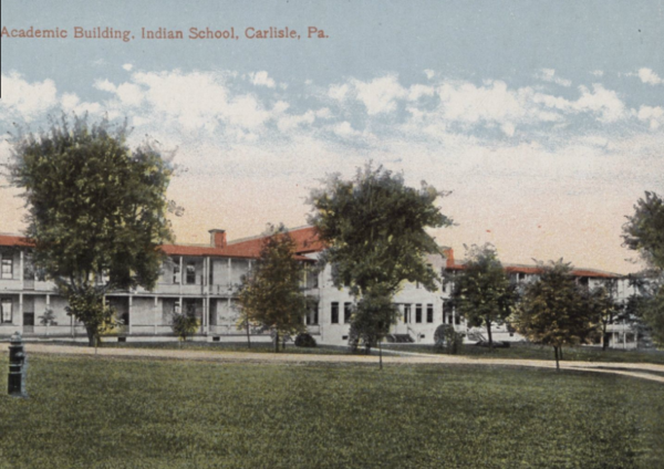 The caption on this artwork reads Academic Building, Indian School, Carlisle, PA. (Public Domain image from National Archives and Records Administration)
