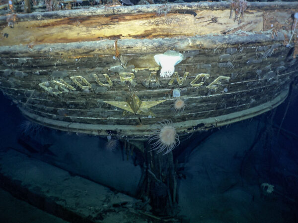 underwater photo of the stern of the Endurance, showing the ship's name still plainly legible