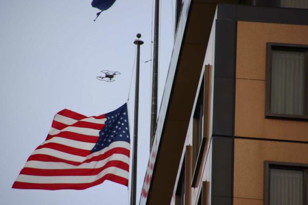 a drone near a hotel