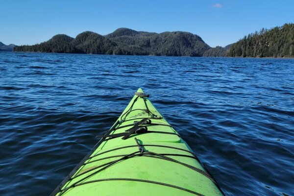 The bow of a green kayak out on the water, with a forested shore in the distance