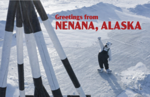 A graphic showing the Nenana tripod towering over a man in a polar bear suit