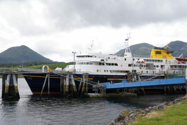 An Alaska state ferry waiting at a dock
