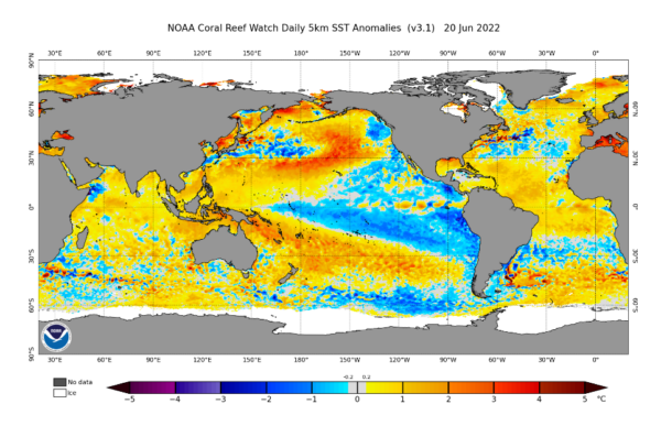 A map of the Pacific, color coded by sea surface temperatures