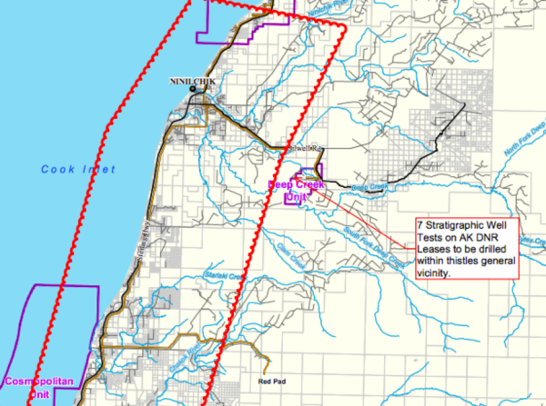 A map of the western Kenai Peninsula showing locations of proposed wells
