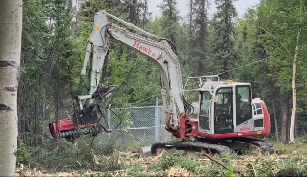 a person in a piece of heavy equipment grinds and chops trees