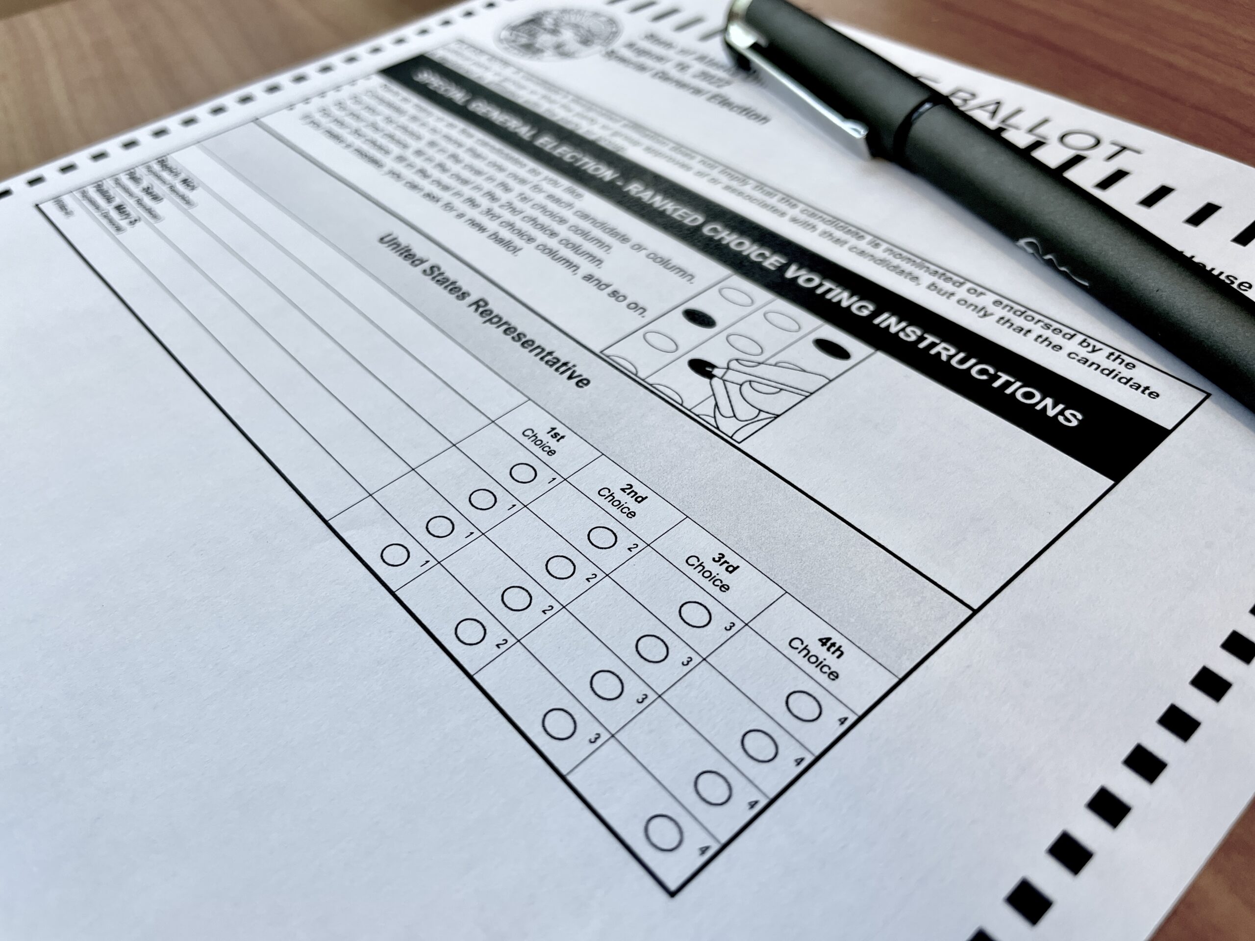 ranked choice ballot with a pen