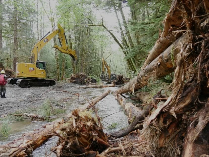 Exterior: excavators moving logs in a creekbed
