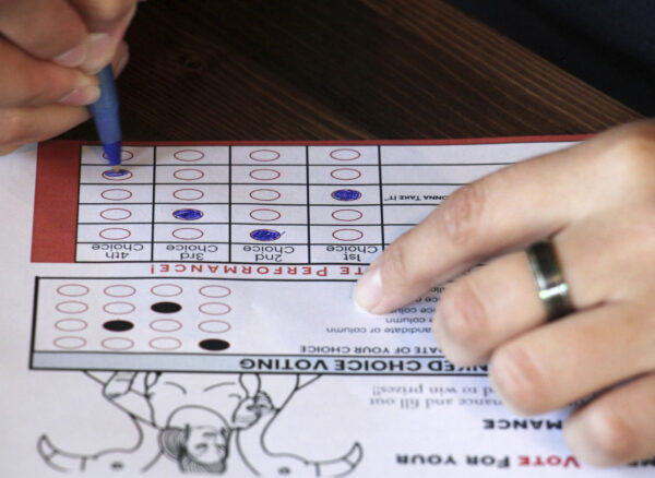 a person fills out a mock ballot